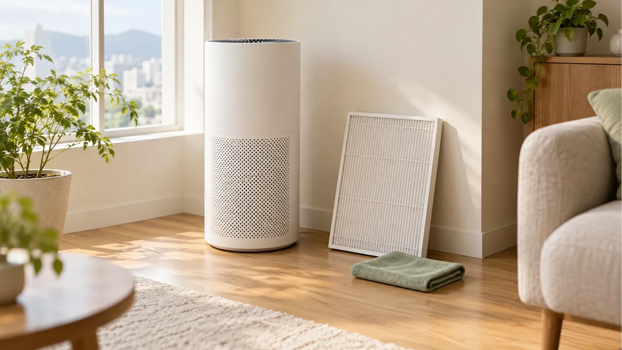 A closed unbranded white cylindrical air purifier by a sunlit window on an oak floor, with a spare white filter leaning on the wall and a folded sage cloth