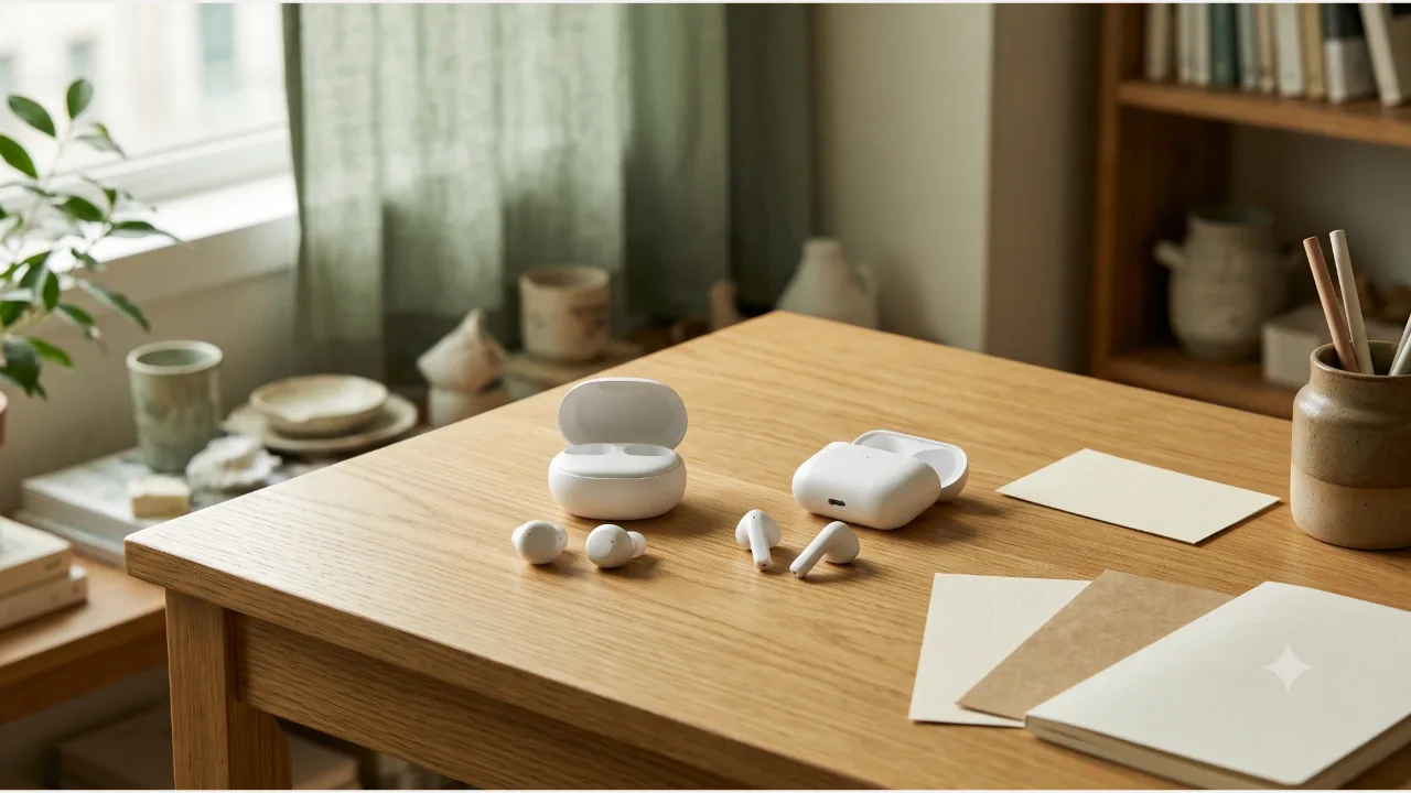Two pairs of wireless earbuds and two charging cases side by side on an oak desk, with a plain card