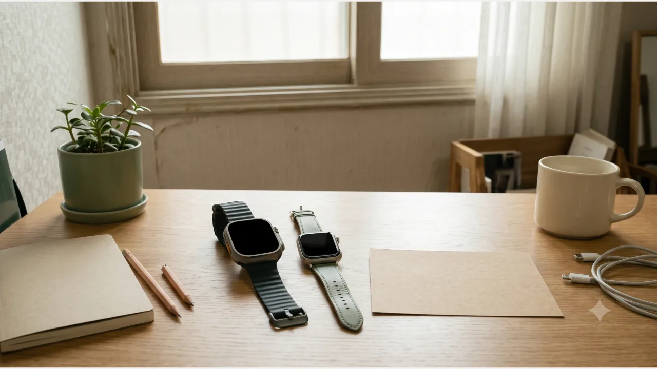 Two smartwatches of different sizes and materials on an oak desk, with a plain card