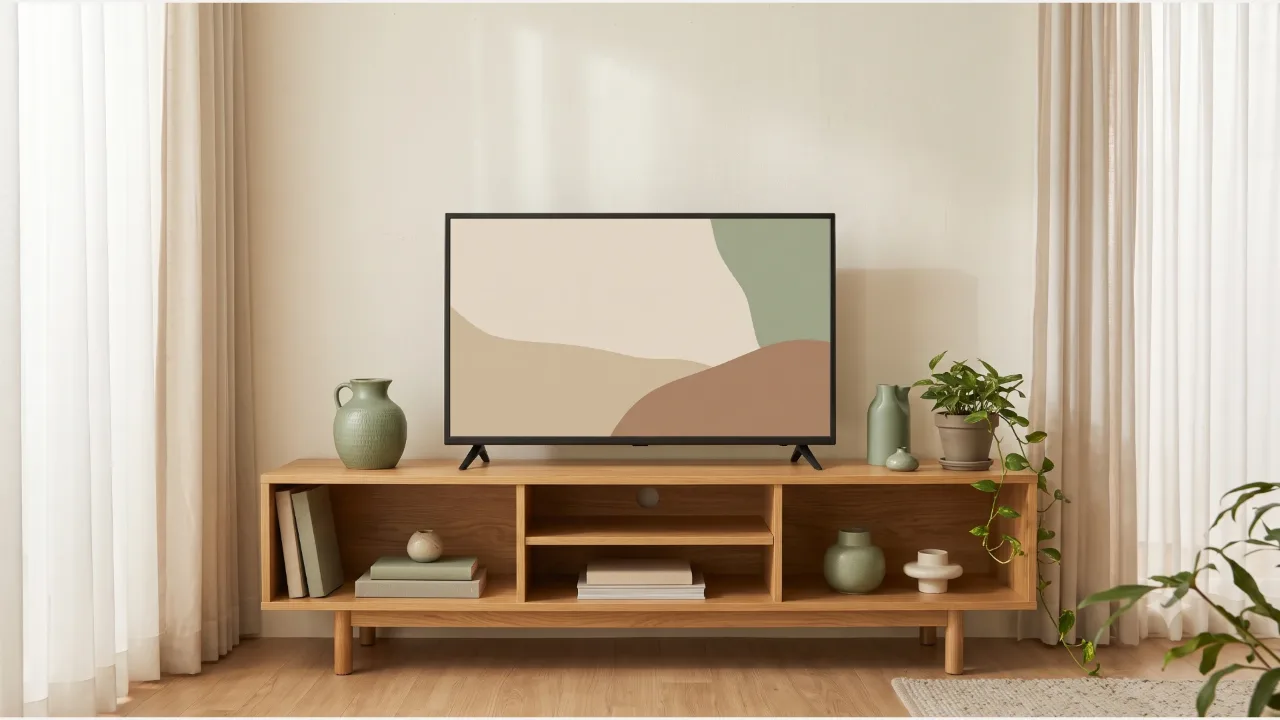 An unbranded TV with an abstract color-field screen on an oak TV stand, with sage ceramics, a plant, and cream curtains