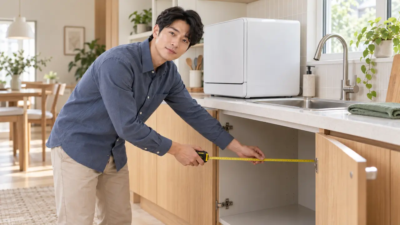 A man in a slate-blue shirt measuring the width inside a base cabinet with a tape measure, with a small white dishwasher on the countertop