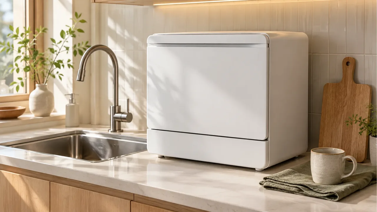 A compact unbranded white tabletop dishwasher beside a sink on a bright kitchen countertop, with an oak cutting board, folded sage kitchen towel, and ceramic mug