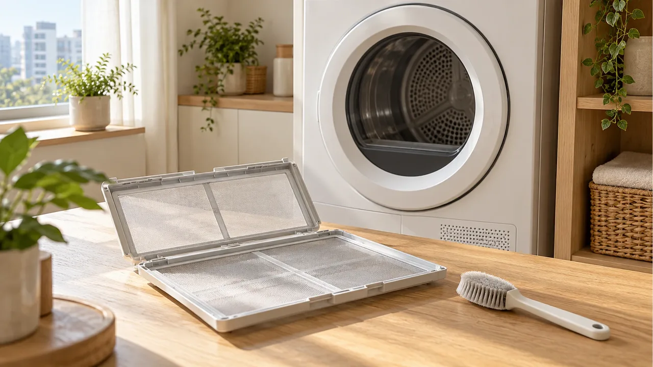 An open dry mesh lint filter and a brush on a wooden surface in front of a closed white dryer