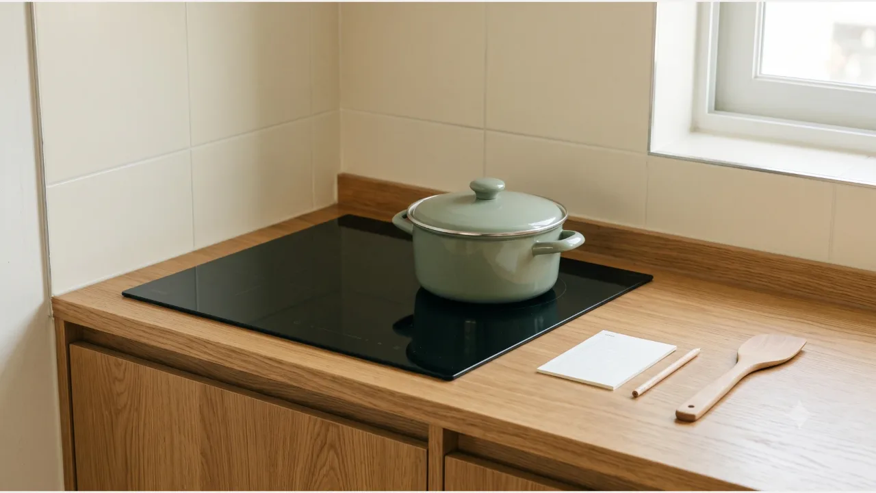 A powered-off black electric range on an oak countertop with a sage pot with its lid on, a plain card and pencil, and a wooden spatula