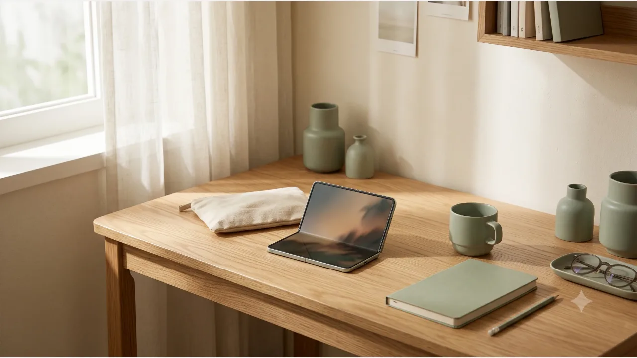 A foldable smartphone standing half open on an oak desk, with a fabric pouch, a sage notebook, and a mug