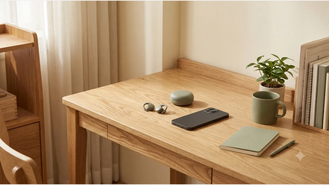 Hook-shaped wireless earphones and their case on an oak desk, with a face-down smartphone, a sage notebook, and a mug