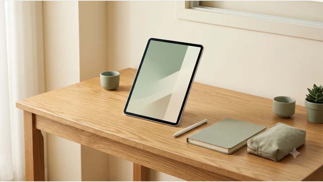 A tablet with an abstract color-field screen and a white pen on an oak desk, with a sage notebook and a small pouch