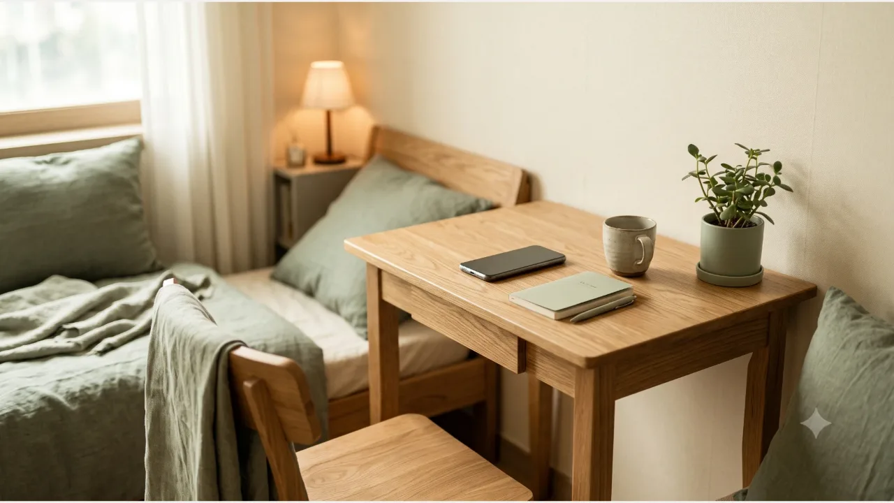 A smartphone and a ceramic mug on an oak desk, with a small plant and a bedroom lamp