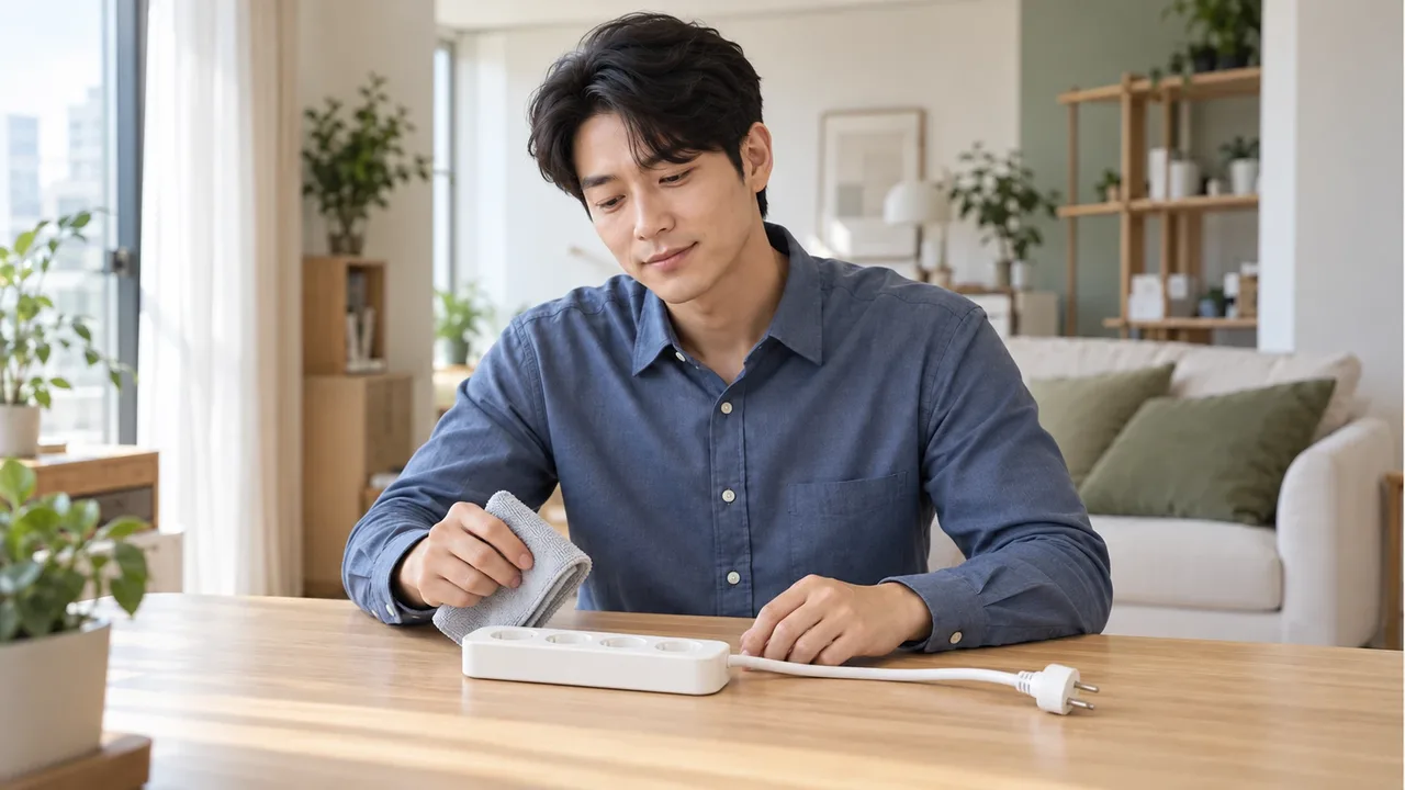 A man in a slate-blue shirt holding a dry cloth beside a white power strip with its plug disconnected