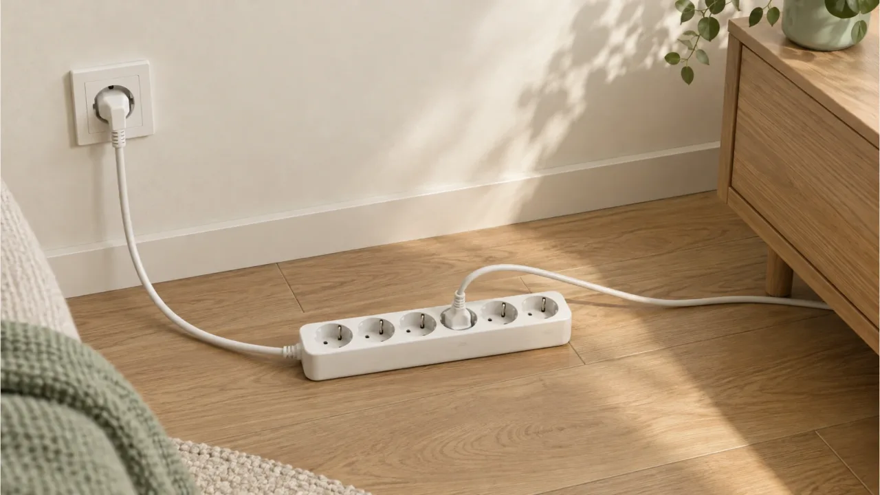 A white power strip connected to a cream wall outlet and a single plug on an oak floor, with an oak chest of drawers and a plant