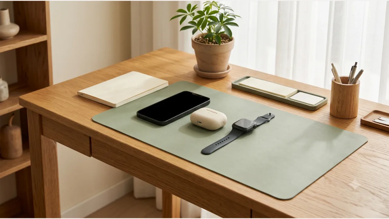 A wireless earbud case, a powered-off smartphone, a smartwatch, and a small plant on an oak desk