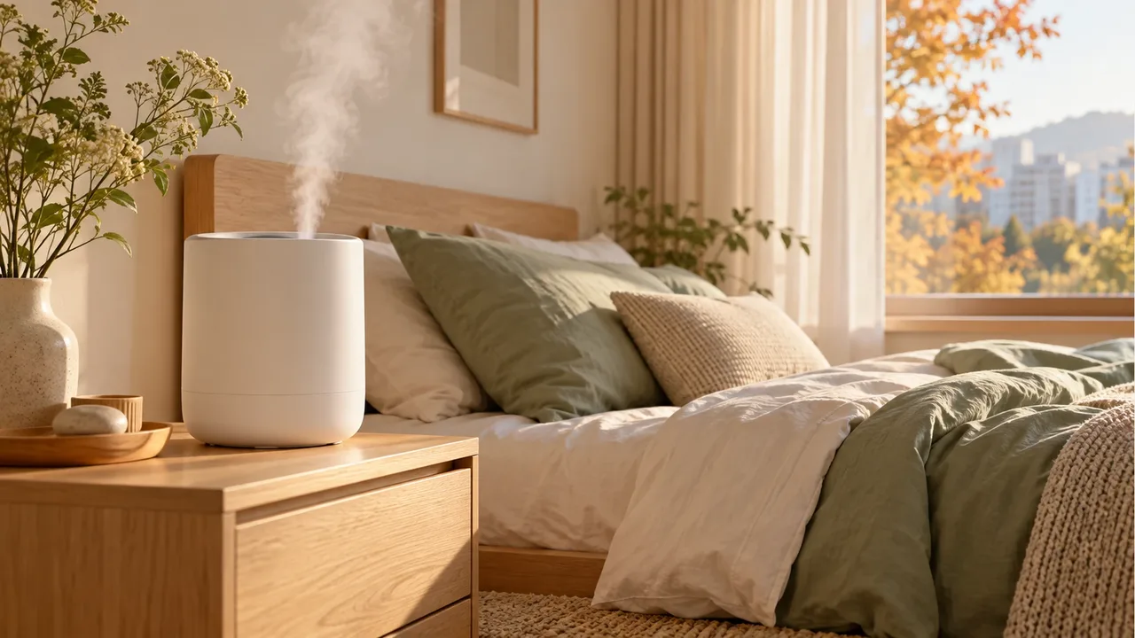 A white minimalist cylindrical humidifier operating on an oak bedside table with gentle cool mist rising in morning autumn sunlight