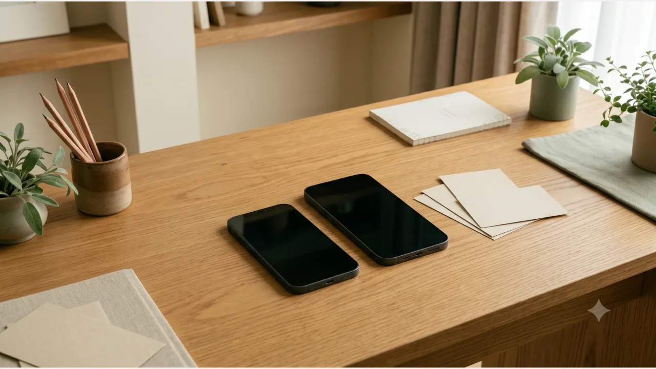 Two powered-off smartphones side by side on an oak desk, with a plain card