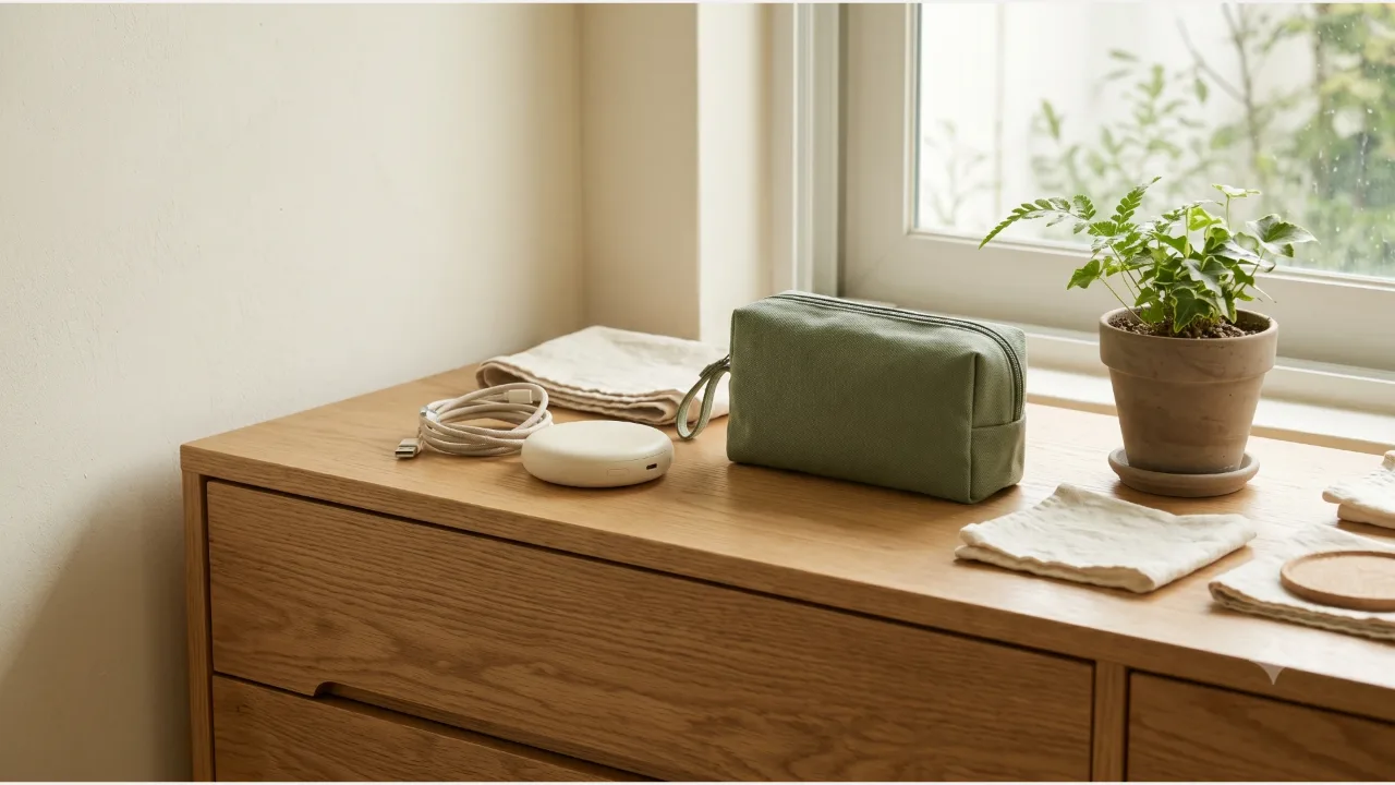 Cables and a round charger on an oak chest of drawers, with a green pouch and a small plant