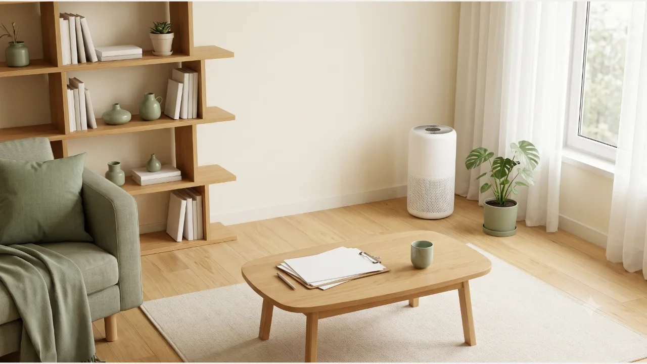 An unbranded air purifier in a cream living room, with blank paperwork on an oak table, a sage sofa, and a plant