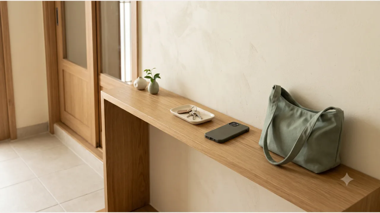 A white tray holding keys on an oak shelf by the front door, with a face-down smartphone and a sage bag