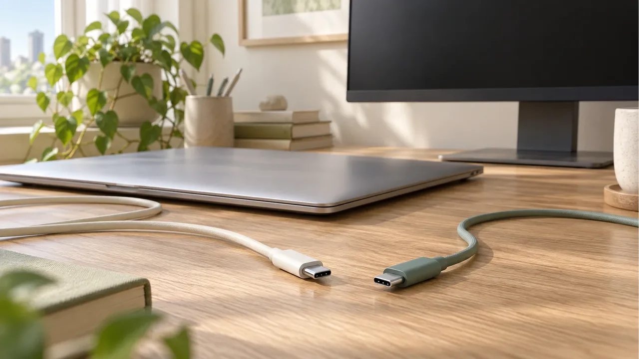 오크 책상 위에 분리된 USB-C 케이블 두 개의 단자와 뒤쪽의 닫힌 노트북, 꺼진 모니터